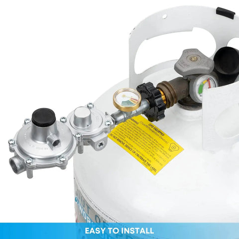 Horizontal Two Stage Propane Regulator With Gauge Three Eighth Inch Female NPT And POL Tank Connection installed on tank