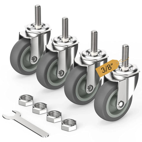 3 Inch Swivel Caster Wheels With No Brake, 3/8 Inch 16 UNC X 1 1/2 Inch Stem, Heavy Duty Steel Housing, 600 Pound Load Capacity, Set Of 4, Grey Casters, wrench, nuts