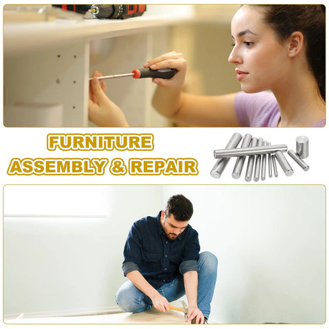 Collage of people assembling furniture with tools, featuring 2Mm By 10Mm Stainless Steel Dowel Pins Set Of 60 For Shelves And Furniture Fixing.