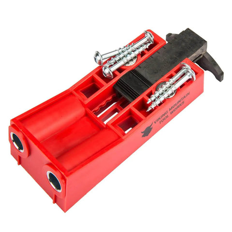 Red pocket hole jig kit with builders 500 screw pack for three quarter inch hard and soft wood, shown with screws attached.