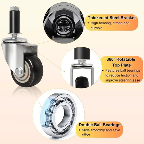 Diagram of 3 Inch Expanding Stem Prep Table Casters with double ball bearings and 360° rotatable top plate.