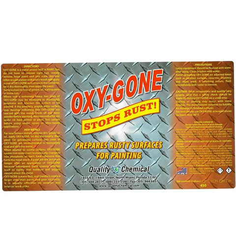 Label of Easy Spray On Rust Remover And Metal Treatment For Metal Surfaces Oxy Gone By Quality Chemical 128 Oz Combo, showing directions.