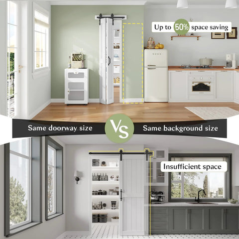 Comparison of spaces using Double 14 Inch Bifold Barn Doors 28 By 84 Inches White with hardware kit and traditional door.