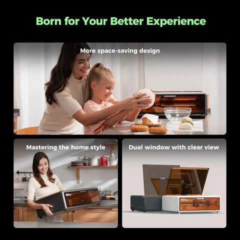 80W Falcon A1 Laser Engraver With HD Camera Auto Positioning, Fully Enclosed And Preassembled, shown in a kitchen setting
