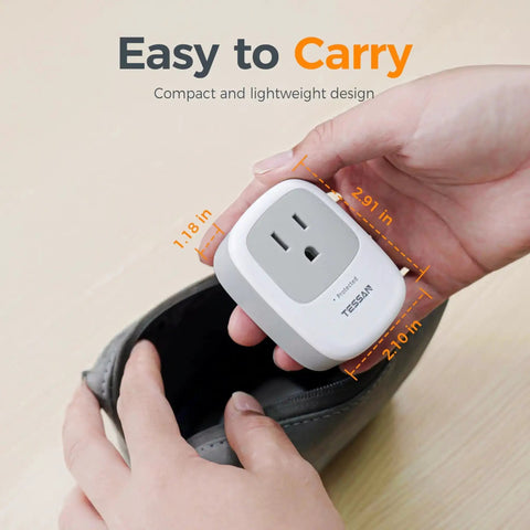 Person holding Go To 1050J Surge Protector With Protected Light Indicator, 1875W Max Single Outlet Wall Plug near a pouch