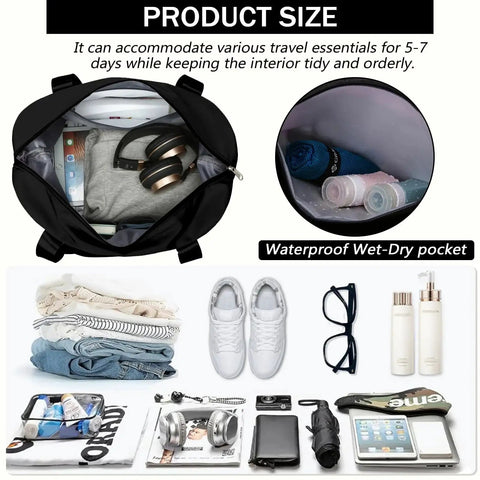 Inside view of Rolling Duffle Bag With Detachable Wheels For Travel, showing packed essentials and wet-dry pocket, black durable design.
