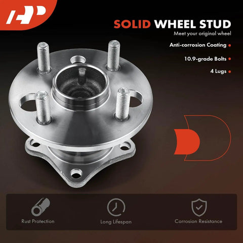 Beefed Up Rear Wheel Bearing And Hub Assembly With ABS Ring For Toyota Corolla 1993 To 2002 Geo Prizm 1993 To 1997 And Chevrolet Prizm 1998 To 2002 4 Lug 4 Wheel ABS Compatible, front view with anti-corrosion coating and bolts.