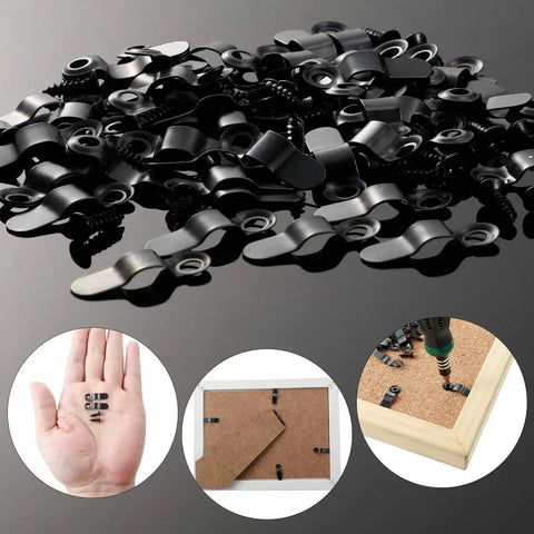 Metal Picture Frame Turn Button Fasteners With Screws Set For Hanging Photos Drawings And Posters, 100 Piece Frame Hardware Backing Clips shown