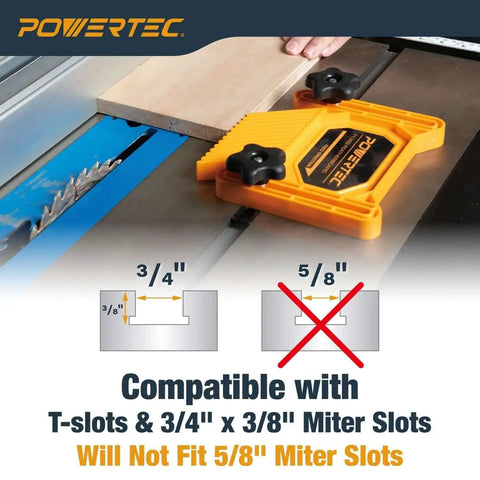 Pro Grade Universal Tandem Featherboards for Table Saw shown with T-slot bolts and miter slot brackets, fits 3/4" x 3/8" slots.