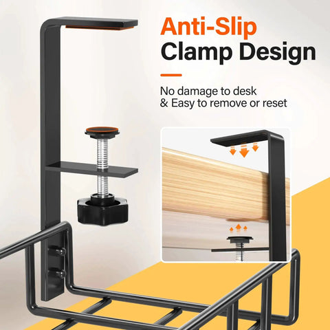 2 Pack Under Desk Cable Management Tray with upgraded clamp no drill wire organizer, anti-slip design, black powder-coated metal, installed.