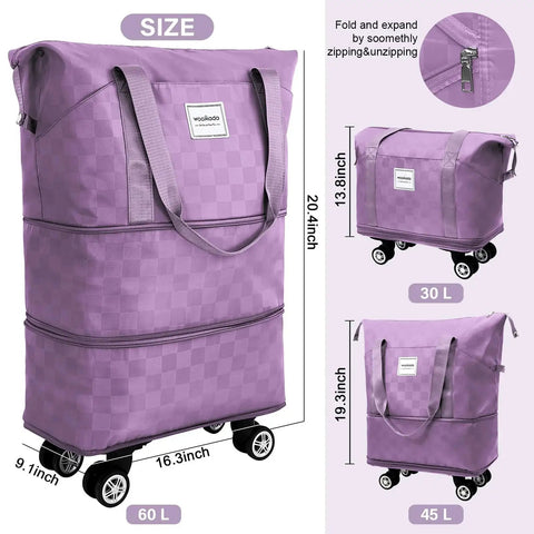 Expandable Rolling Duffel Bag With Wheels 30L to 60L Capacity Lavender Checkerboard WOOMADA, shown in various expanded states.