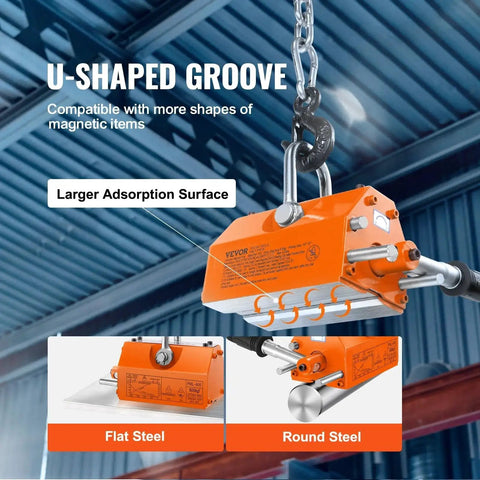 1320 Lb Permanent Magnetic Lifter With Release 2.5 Safety Heavy Duty Magnet lifting steel with chrome hook in industrial setting