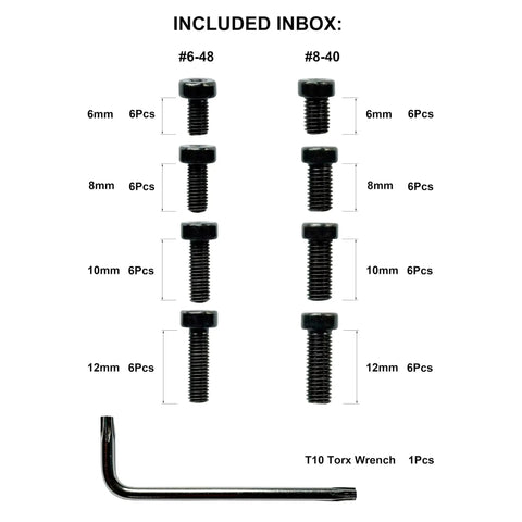 Pro Grade Torx Screw Set For Precision Tools And Mounts, Includes 6-48 And 8-40 Sizes, 6 pieces each size with T10 wrench