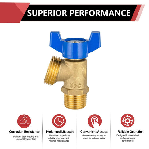 Brass boiler drain valve with blue 1/4-turn wing handle, 1/2 in MIP x 3/4 in MHT ends for outdoor use.