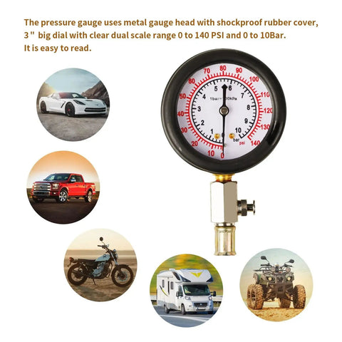 Oil Pressure Tester Kit With Dual Gauge 0 To 140 PSI 10 Adapters showing gauge close-up and vehicle images
