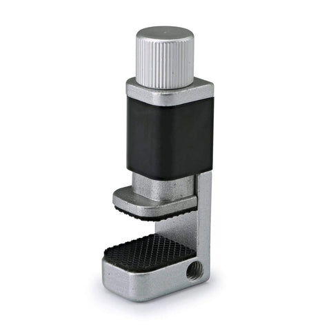 Close-up of a single Screen Vise Clamps 6 Pack Fastening Clip Fixture Tool for phones, tablets, laptops; metal and plastic housing, adjustable height.
