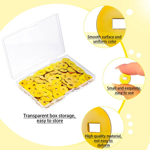 Gold Brass Washers And Paper Brads 500 Piece Set For Paper Crafts Scrapbooking And DIY Projects 15mm Outer Diameter 3mm Inner Diameter Metal Fasteners With Storage Box Included with open lid showing contents.