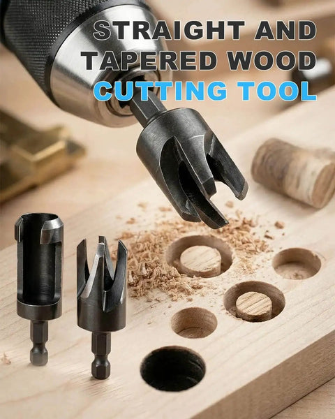 Durable Wood Plug Cutter Set For DIYers And Pros, 8 Pack With Straight And Tapered Bits In 1/4, 3/8, 1/2, And 5/8 Inch Hex Shank, Black Finish Rocaris in use on wooden board.