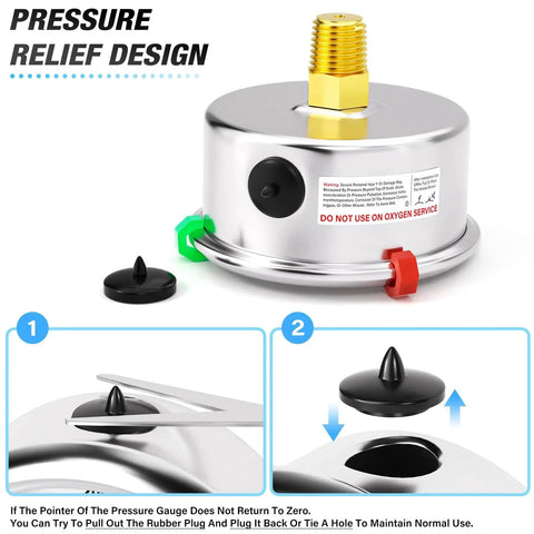 Pressure relief design of Rugged Vacuum And Pressure Gauge For Industrial Systems Meanlin Measure Stainless Steel Liquid Filled 30 InHg To 30 Psi, 1 8th NPT, 2.5 Inch Dial, Center Back Mount, WOG Water Oil Air, Includes 2 Snaps.