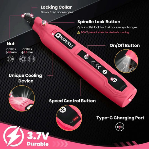 Mini Cordless Rotary Tool Kit With 69 Accessories, 5 Speed 5000 8000 11000 14000 18000 RPM, 3.7V USB Rechargeable, Pink, showing features