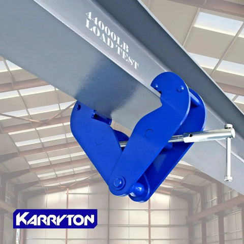 5 Ton I Beam Clamp For Lifting Rigging 3.1 To 12.6 Inch Flange Beams attached to steel I-beam in warehouse