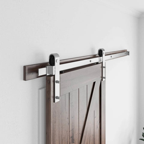 Brushed Nickel Barn Door Hardware Kit With Heavy Duty Sliding Track And Quiet Glide For 30 Inch Wide Door, 5 Feet Rail, J Shape Hanger installed