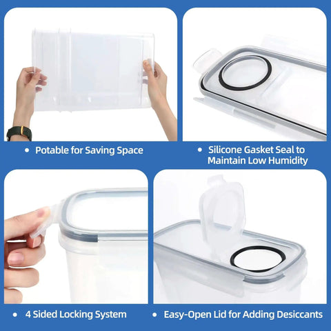 Close-up of features of a Four Pack Filament Storage Box Set With Desiccants Reusable Label Sheets And 4.0L Airtight Containers For 3D Printing Filaments Waterproof And Dustproof Sealed