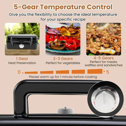 5-gear temperature control on 3 In 1 Sandwich Maker Waffle Maker With Removable Plates And Panini Press, 1200W