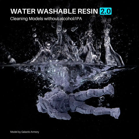 Water splashing around a model using Water Washable Resin 2.0 For 405nm UV Curing, under water, highlighting easy cleanup.