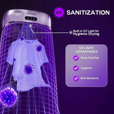 Portable Compact Clothes Dryer For Apartments And Travel With Adjustable Timer featuring built-in UV light for sanitization.
