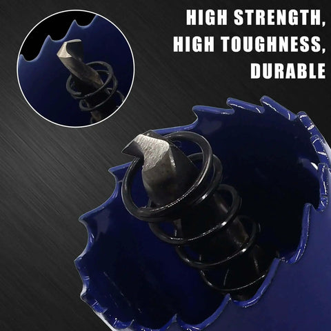 Close-up of Bi Metal Hole Saw With Arbor One Three Eighths Inch 35mm for wood, plastic, metal, drywall, fiberboard, durable teeth.