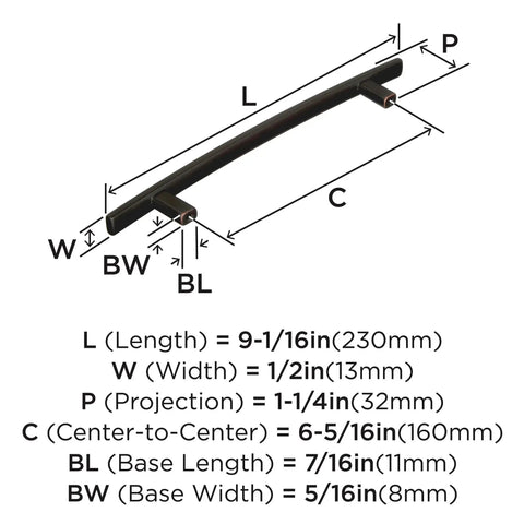 Diagram of Cyprus Oil Rubbed Bronze Cabinet Pulls Six And Five Sixteenths Inch Center To Center with measurements