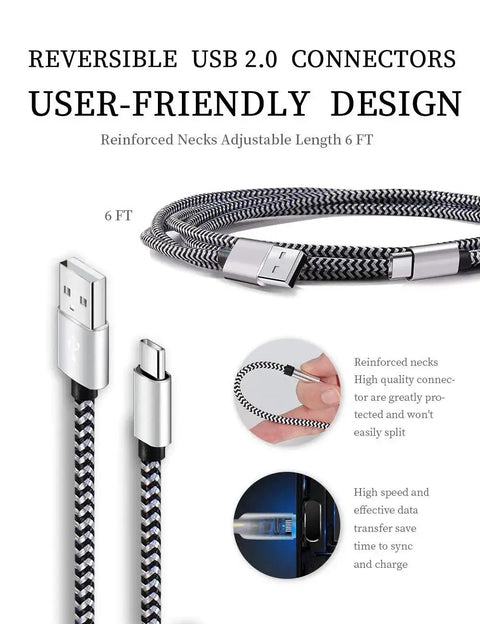 USB Type C Fast Charging Cable 5 Pack 6 Ft Braided Cables 3A For Samsung S10 S9, showing braided design and reversible connectors.