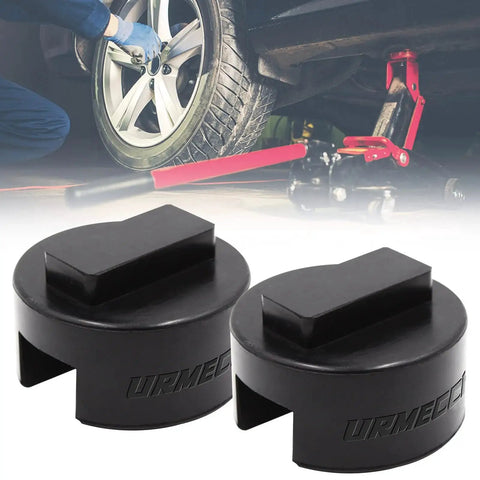 BMW Mini Jack Pad Frame Rail Protector Slotted Rubber Square 2 Pack with car jack in background