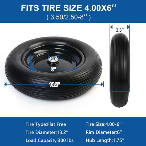 13 Inch Wheelbarrow Tire 4.00 6 Flat Free Replacement With Adapter Kit Fits Five Eighths And Three Quarters Bearings 6 Inch Rim