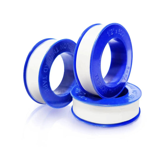 Five Roll Pack Of PTFE Thread Seal Tape One Half Inch Wide Each 520 Inches Long For Water Pipes And Shower Heads White Teflon Plumbers Tape Leak Prevention Durable High Density shown with blue cores