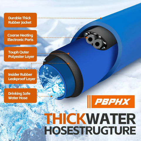 PBPHX blue heated RV water hose, drinking-safe with thick rubber jacket and layered insulation