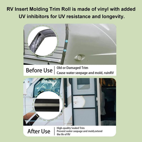 Before and after image of 1 Inch Black Vinyl RV Exterior Trim Molding Screw Cover Roll installation on RV siding.