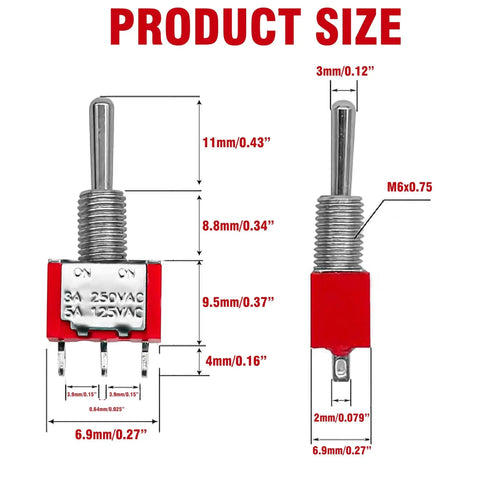 Two Pack SPDT Mini Toggle Switch 3 Pin 2 Position On On 5A 125V And 3A 250V with detailed dimensions