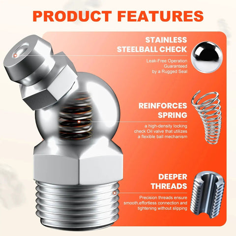 Close-up of grease fitting highlighting features in the All In One 505 Piece Grease Fittings Kit For Gearheads With Metric And SAE Zerk Assortment.