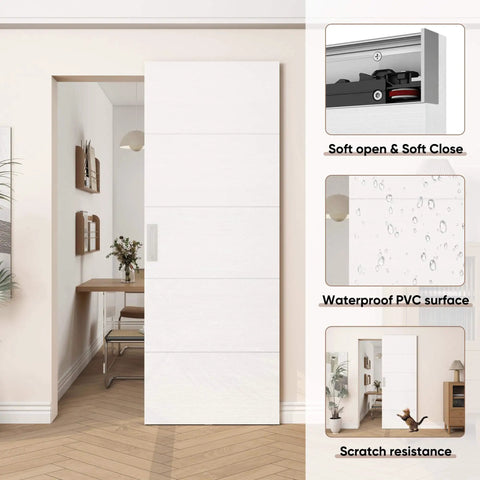 Concealed Sliding Barn Door With Soft Close Hardware Kit White Flush Hidden Door installed in hallway