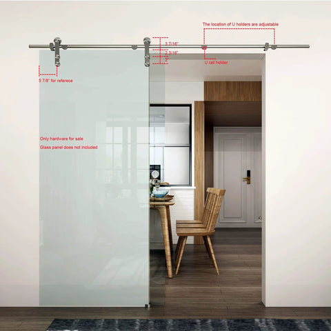 Heavy Duty Stainless Steel Glass Sliding Barn Door Hardware Kit For 8 Foot Doors With Brushed Finish showing installed setup