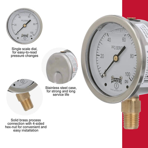 Industrial Grade Two And One Half Inch Dial Liquid Filled Pressure Gauge For Pumps And Compressors, Brass Internals, 304 Stainless Steel Case, Bottom Mount One Quarter Inch NPT, 0 To 100 Psi Single Scale, Glycerin Filled, 1.5 Percent Accuracy, Winters with close-up of gauge face and connection details