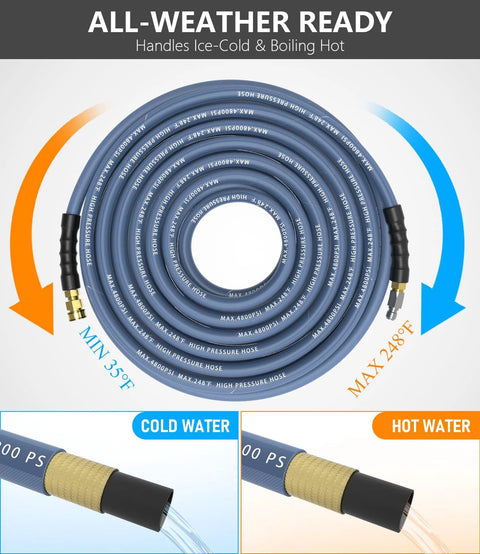 NAVOHEVEN 3/8 in ID pressure washer hose, 100 ft, 4800 PSI, steel-braided, navy blue with brass swivels.