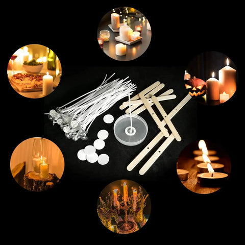 All In One Candle Making Kit With 100 Six Inch Cotton Wicks 30 Sticker Sets And 10 Centering Tools. Jar candles lit around kit.