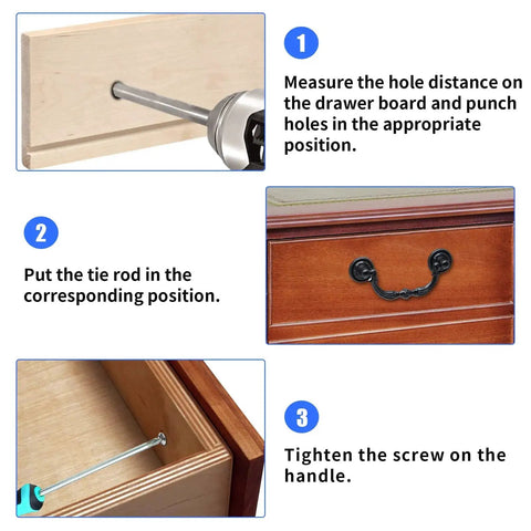 Installation steps for Antique Black Bail Drop Drawer Pulls 4 Pack With 3.5 Inch Hole Center and 4.72 Inch Total Length on drawer.