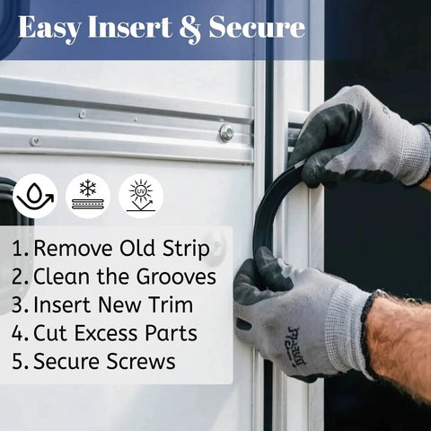 Person installing RV Vinyl Trim Molding Insert 1 Inch Exterior Weather Stripping For Camper on RV door with gloves.