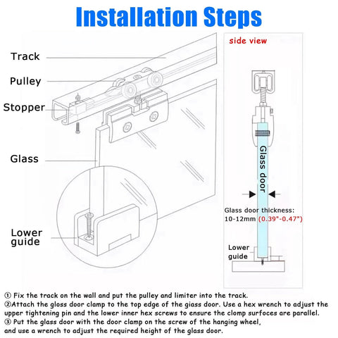 Installation diagram of Aluminum Sliding Shower Door Track Kit With Rollers For Glass Doors 10-12 Mm Thick Durable Heavy-Duty Single Rail Replacement For 2-Door Remodel System 160 Cm 5.2 Ft Smooth Quiet Operation