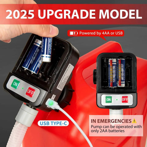 Portable Fuel Transfer Pump Auto Stop 3.2 GPM 4 Adapters Battery Or USB Power showing battery compartment