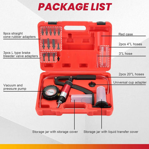 All In One 2 In 1 Handheld Vacuum And Pressure Brake Bleeder Kit With Gauge Adapters 21-piece set in red case, labeled parts.